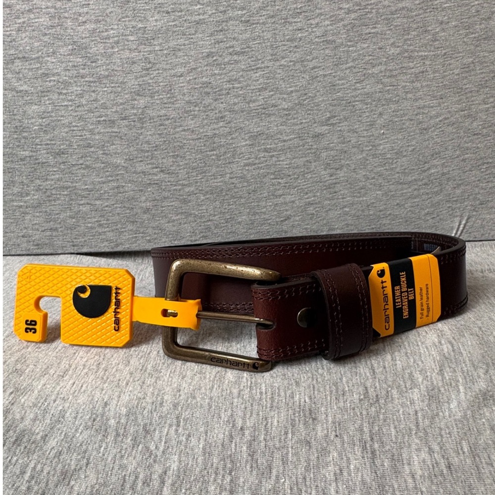 Carhartt Mens Leather Engraved Buckle Belt Brown WB5503-M Size 36 NWT